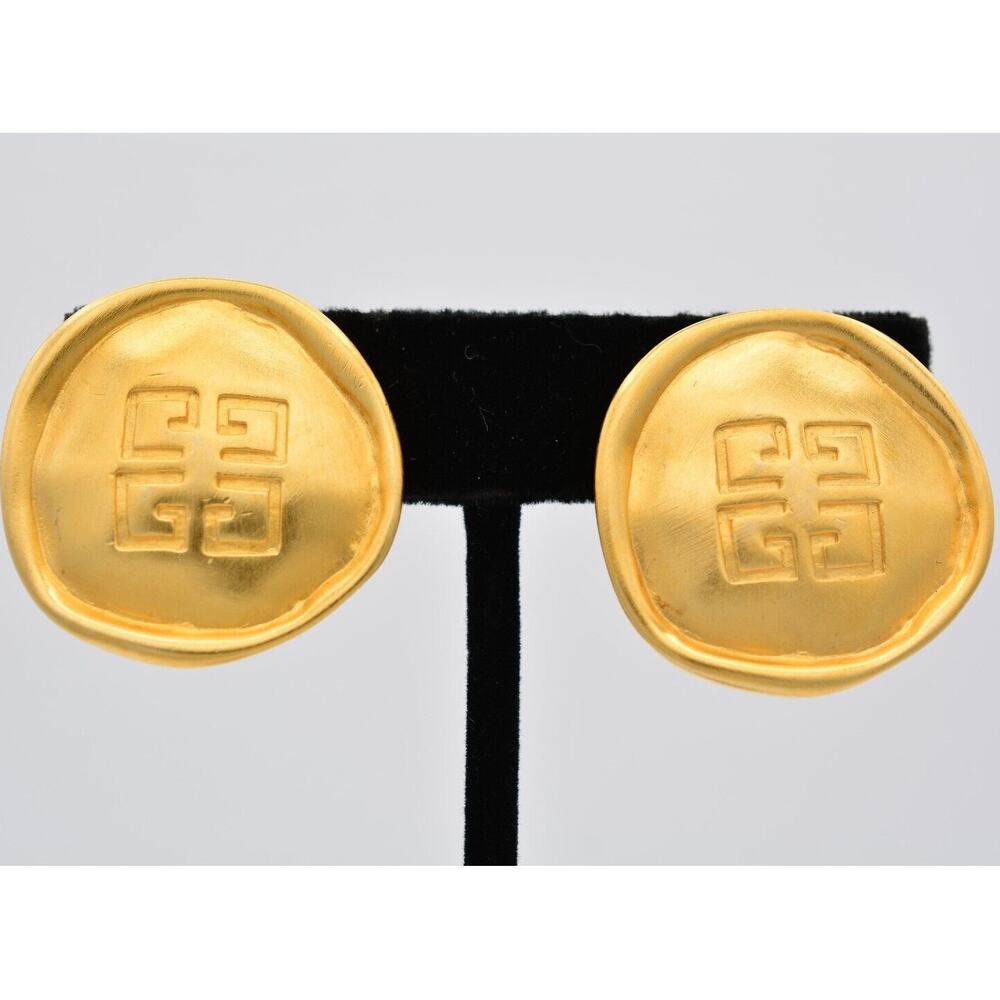 Givenchy Vintage Clip On Earrings 4G Logo Brushed Gold Chunky Signed 1980s BinAY